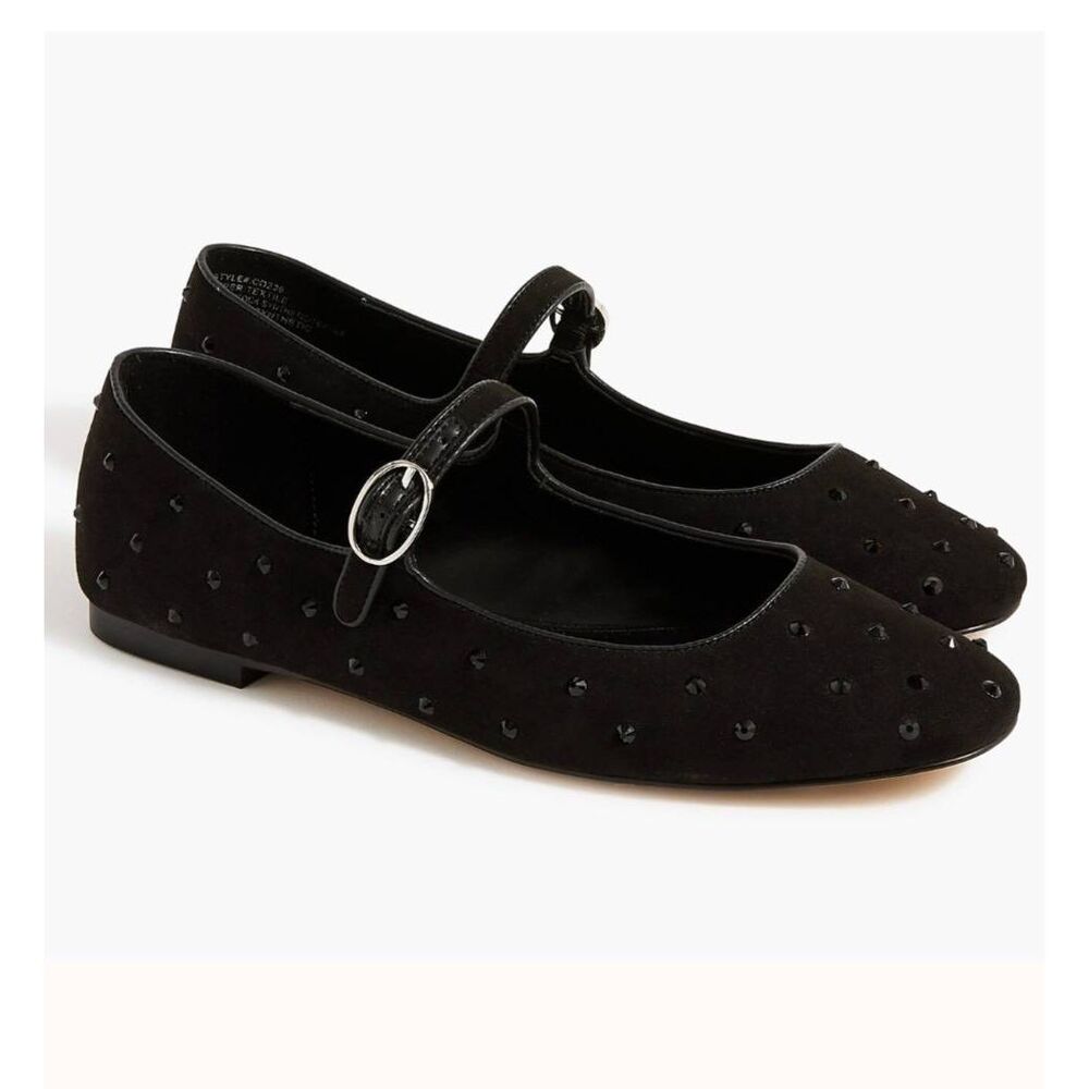 J. Crew Mary Jane Flats Women's 9 Black Rhinestone Faux Suede Preppy Whimsigoth